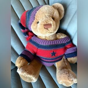 Harrods 17 inch Brown 2004 Teddy Bear with Red and Blue Striped Sweater & Hat